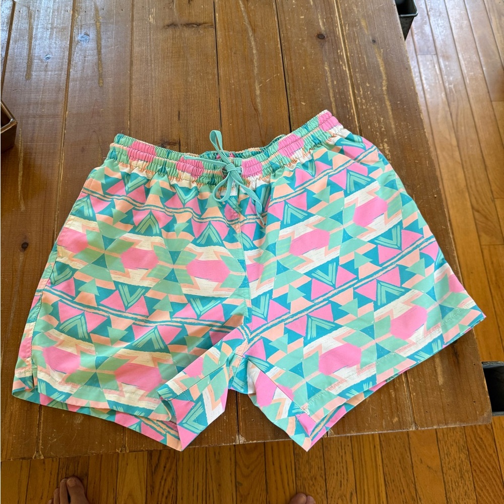 Chubbies Teal and Peach Geometric Swim Shorts